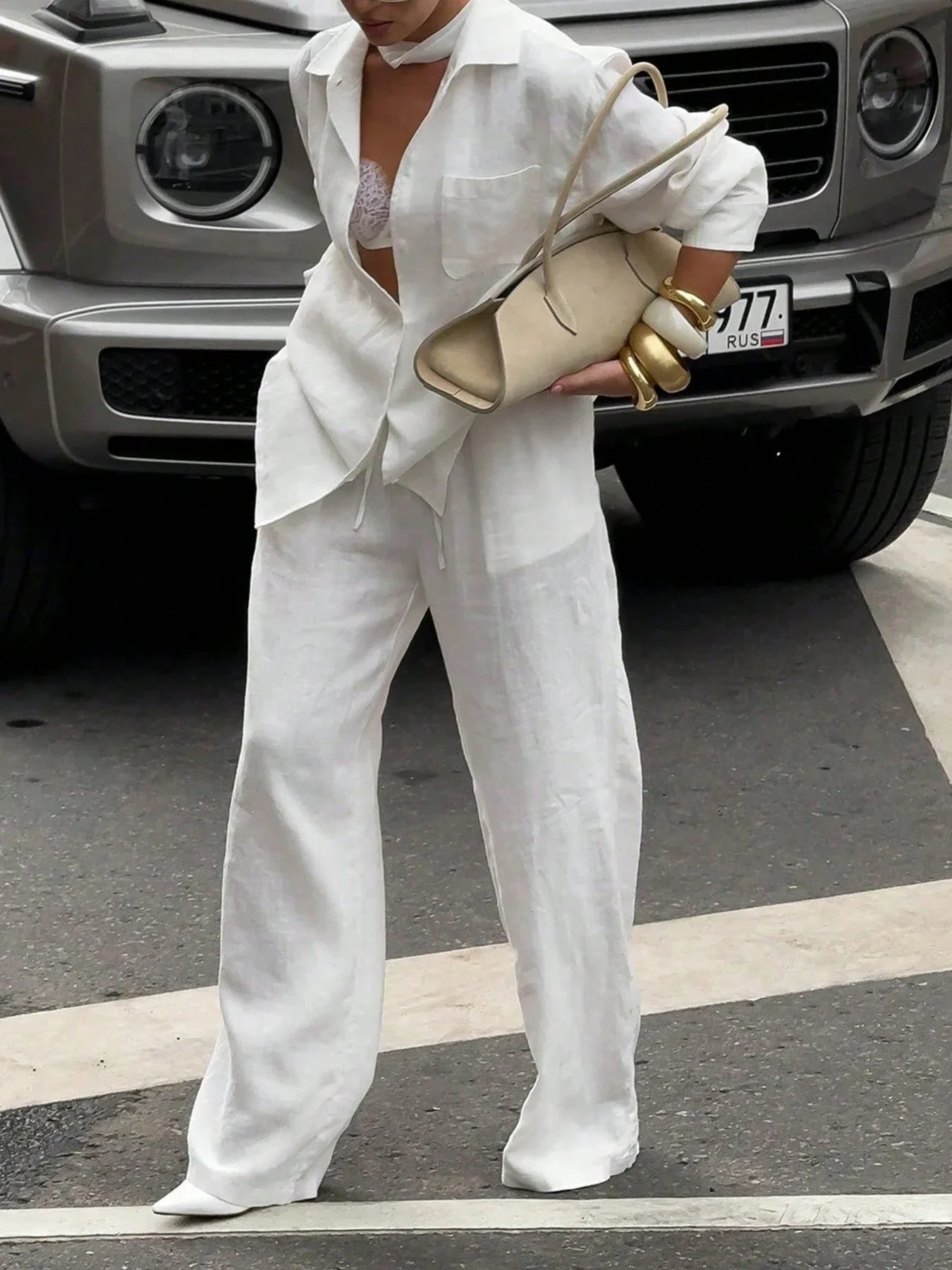2-Piece Solid White Casual Elegant Shirt And Wide Leg Pants Set For Office Street Wear
2-Piece Solid White Casual Elegant Shirt And Wide Leg Pants Set For Office Street Wear