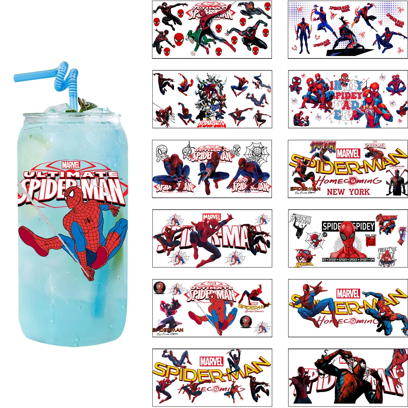 Spider Hero Series easy peel waterproof DIY Decals 3D transfers uvdtf stickers 16oz uv dtf cup wraps for Libbey Glasses
Spider Hero Series easy peel waterproof DIY Decals 3D transfers uvdtf stickers 16oz uv dtf cup wraps for Libbey Glasses