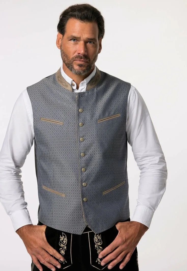 Men Bavarian Traditional Vest Grey Jacquard Stand Collar Contrast Trim Button Down Oktoberfest Ethnic Waistcoat
Men Bavarian Traditional Vest Grey Jacquard Stand Collar Contrast Trim Button Down Oktoberfest Ethnic Waistcoat