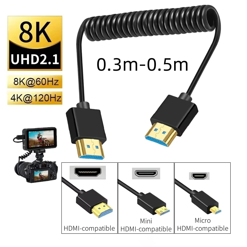 Portable Spring Coiled HDMI-Compatible2.1 Cable Mini to Micro HDMI-compatible Adapter 8K@60Hz 4K@120Hz for DV Camera Monitor TV
Portable Spring Coiled HDMI-Compatible2.1 Cable Mini to Micro HDMI-compatible Adapter 8K@60Hz 4K@120Hz for DV Camera Monitor TV
