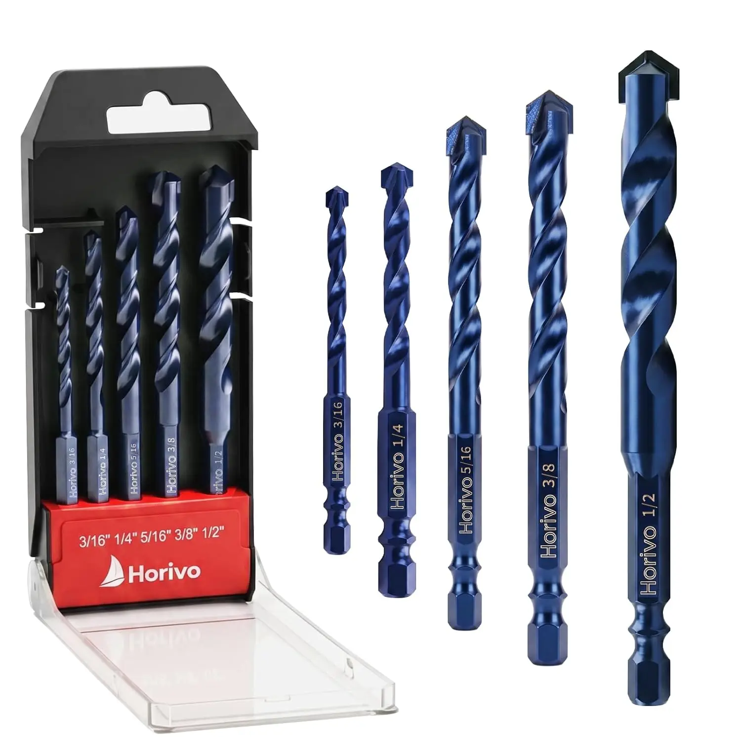 5pc Tile Drill Bits Set with Upgraded Carbide, 1/4" Hex Shank Masonry Drill Bit for Ceramic, Glass, Concrete, Brick, Wood, Sizes 3/16, 1/4, 5/16, 3/8, 1/2" with Case
5pc Tile Drill Bits Set with Upgraded Carbide, 1/4" Hex Shank Masonry Drill Bit for Ceramic, Glass, Concrete, Brick, Wood, Sizes 3/16, 1/4, 5/16, 3/8, 1/2" with Case