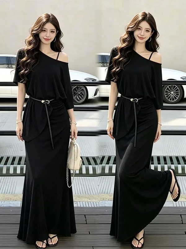 Lightweight Short Sleeve Cover up Slimming Strap Long Dress Two Piece Set Women's Summer New Pure Color Women's Fashion Set
Lightweight Short Sleeve Cover up Slimming Strap Long Dress Two Piece Set Women's Summer New Pure Color Women's Fashion Set