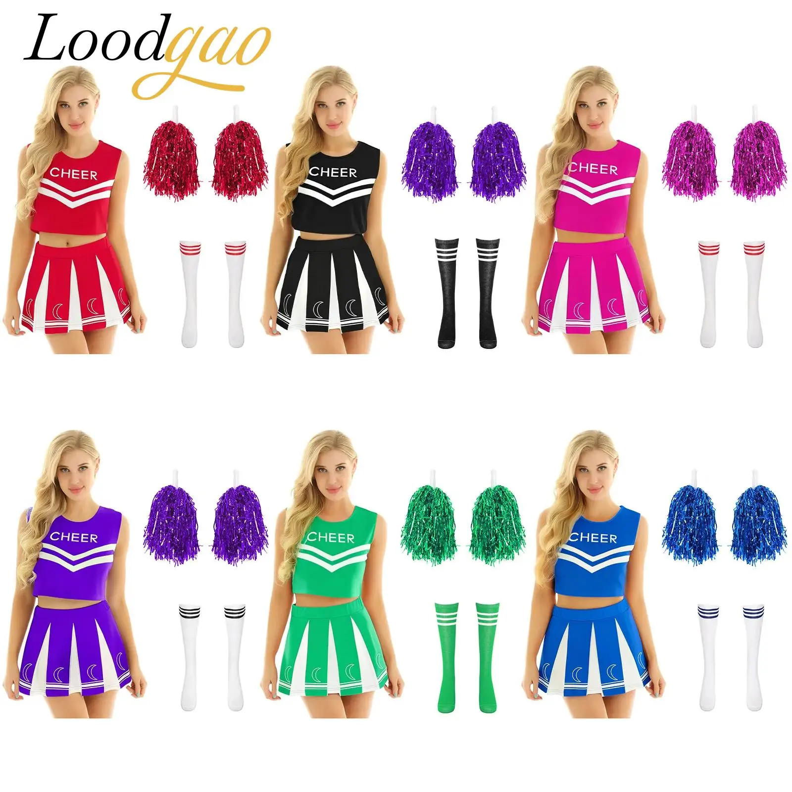 Women Cheering Team Cosplay Costume School Cheerleader Uniform Top Skirt Socks Hand Flowers Halloween Roleplay Cheerleading Set
Women Cheering Team Cosplay Costume School Cheerleader Uniform Top Skirt Socks Hand Flowers Halloween Roleplay Cheerleading Set