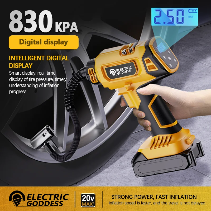 Electric Goddess Air Compressor Car Bike Tire Inflator Cordless Electric Pump with Digital Pressure Gauge For Dewalt 20V Battery
Electric Goddess Air Compressor Car Bike Tire Inflator Cordless Electric Pump with Digital Pressure Gauge For Dewalt 20V Battery