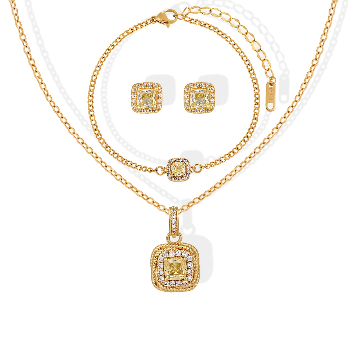 18K Gold Plated Stainless Steel Square CZ Jewelry Set Women Yellow Zircon Layered Necklace Bracelet Earrings Non Allergic Gift
18K Gold Plated Stainless Steel Square CZ Jewelry Set Women Yellow Zircon Layered Necklace Bracelet Earrings Non Allergic Gift