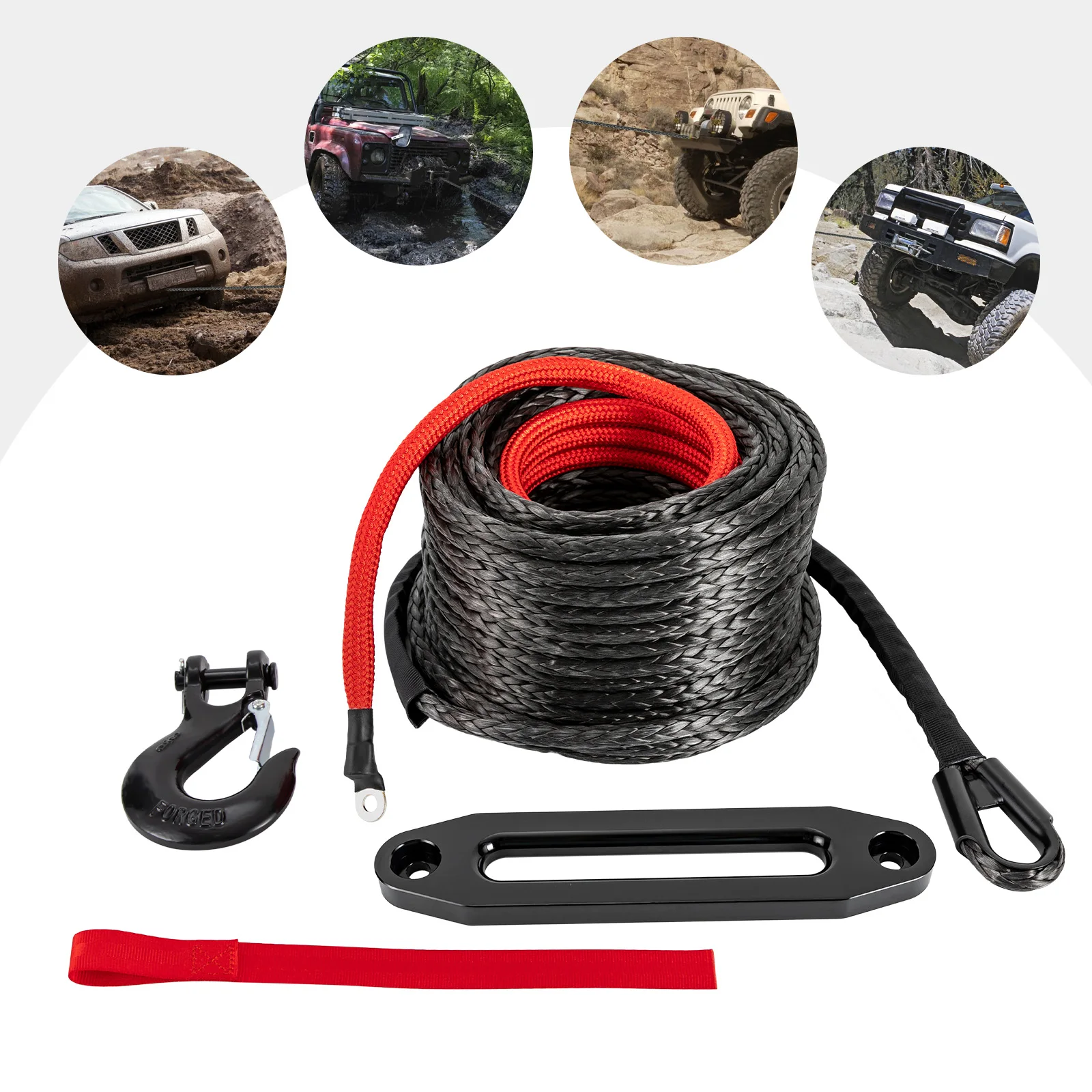3/8" X 100FT Synthetic Winch Rope with Hook, 23,809 LBS Breaking Strength (Black), Car Tow Cable for 4WD Off-Road Vehicle
3/8" X 100FT Synthetic Winch Rope with Hook, 23,809 LBS Breaking Strength (Black), Car Tow Cable for 4WD Off-Road Vehicle