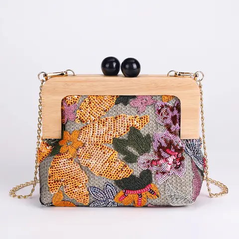 Bolso de mano con bordado de flores y lentejuelas para mujer, de hombro con bandolera Carcasa de madera, elegante, pequeño, a la moda