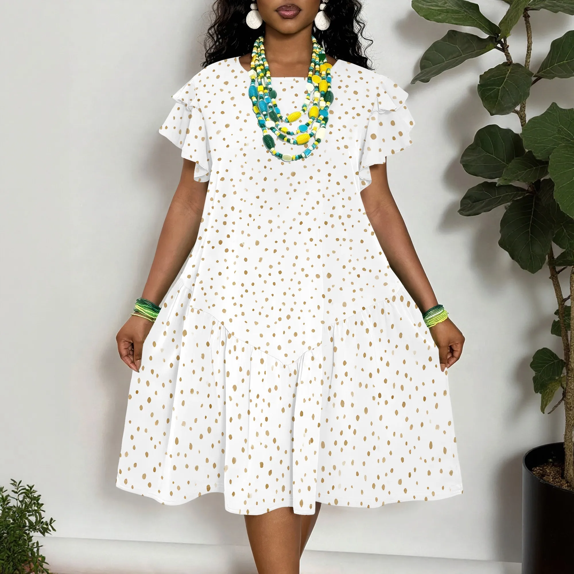 Gold Polka Dot Print Short Sleeve Dress White Summer Casual Dress with Ruffle Sleeves Loose Fit A-Line Midi Dress for Women
Gold Polka Dot Print Short Sleeve Dress White Summer Casual Dress with Ruffle Sleeves Loose Fit A-Line Midi Dress for Women