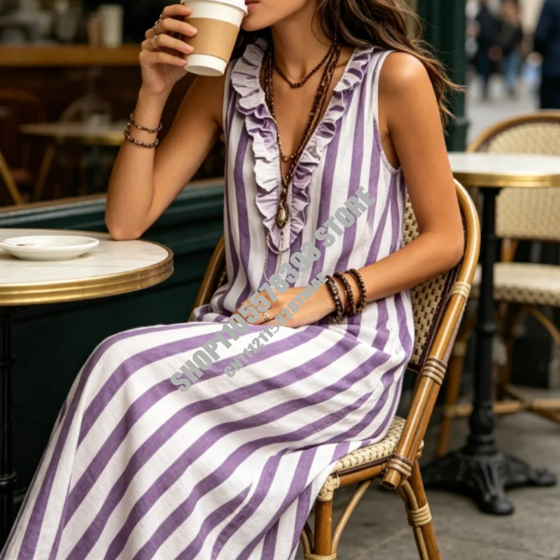 Striped V-neck Wood Ear Dress Summer Women's New Fashion Bohemian Style Pocket Sexy Sleeveless Linen Long Dress Платье Женское
Striped V-neck Wood Ear Dress Summer Women's New Fashion Bohemian Style Pocket Sexy Sleeveless Linen Long Dress Платье Женское