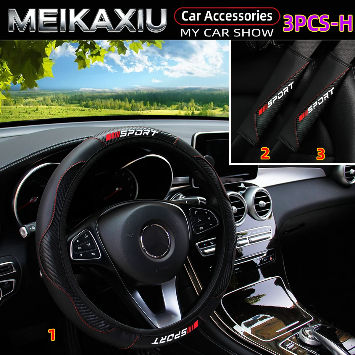 3PCS Carbon Fiber PU Leather Sport Steering Wheel Covers Rimless Shoulder Guard for Women Suitable for 14.5-15 Inch Car Wheels
3PCS Carbon Fiber PU Leather Sport Steering Wheel Covers Rimless Shoulder Guard for Women Suitable for 14.5-15 Inch Car Wheels