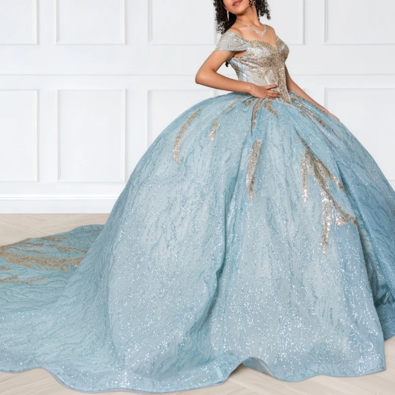 Sky Blue Shiny Ball Gown Quinceanera Dresses Sequin Applique Lace Beading Crystal Tull Corset Off The Shoulder Sweet 16 Dress
Sky Blue Shiny Ball Gown Quinceanera Dresses Sequin Applique Lace Beading Crystal Tull Corset Off The Shoulder Sweet 16 Dress