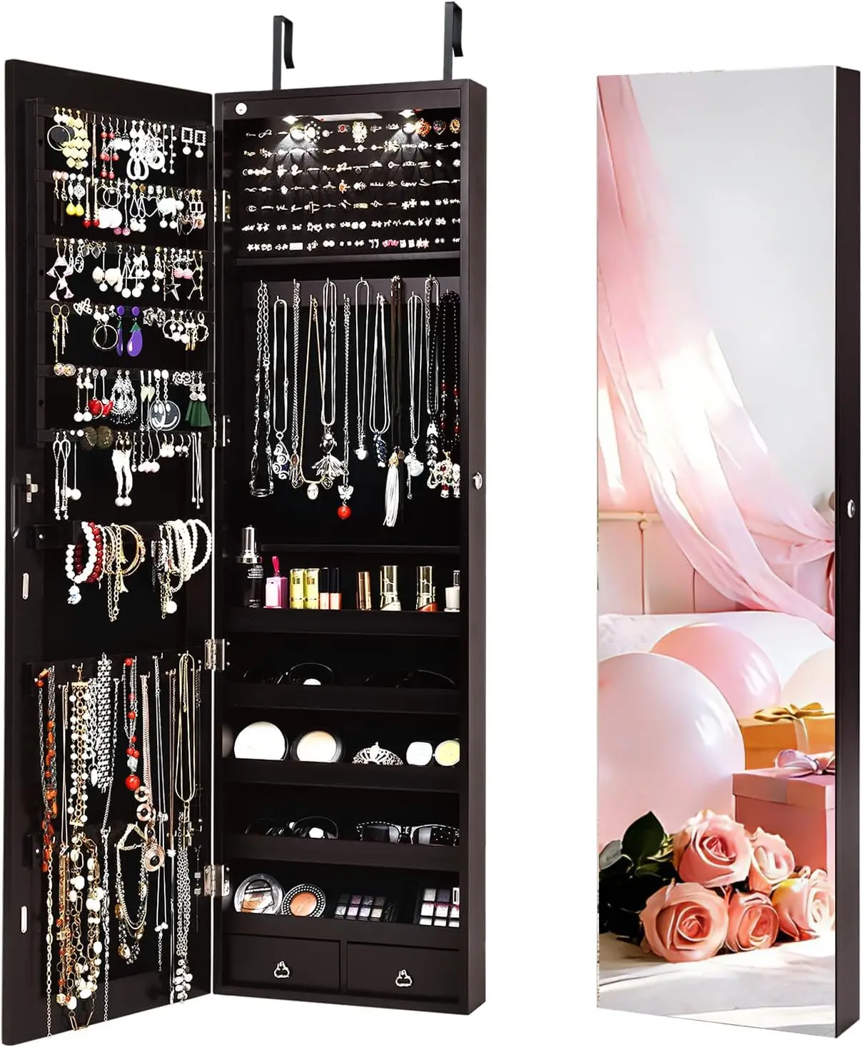 2 LEDs Mirror Jewelry Cabinet, 47.5-Inch Tall Wall or Door Mounted Jewelry Organizers and Storage Lockable Jewelry Armoire with 2 Drawers, Espresso
2 LEDs Mirror Jewelry Cabinet, 47.5-Inch Tall Wall or Door Mounted Jewelry Organizers and Storage Lockable Jewelry Armoire with 2 Drawers, Espresso