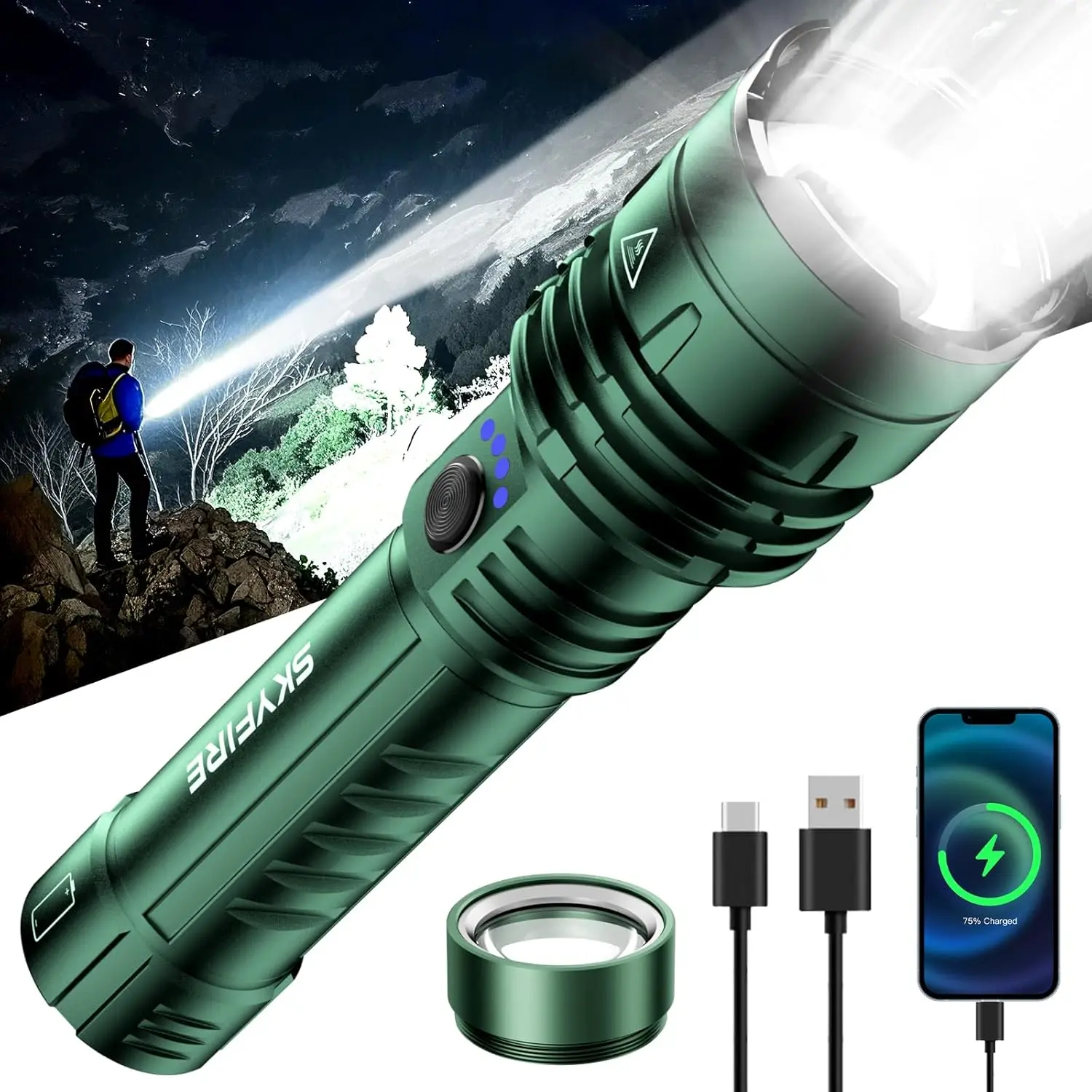 1376 LED Flashlights with Ignition Lens, Rechargeable 2000 Lumens Zoomable, 5 Modes Waterproof IPX6 Tactical Flashlight for Emergency Camping (Green)
1376 LED Flashlights with Ignition Lens, Rechargeable 2000 Lumens Zoomable, 5 Modes Waterproof IPX6 Tactical Flashlight for Emergency Camping (Green)
