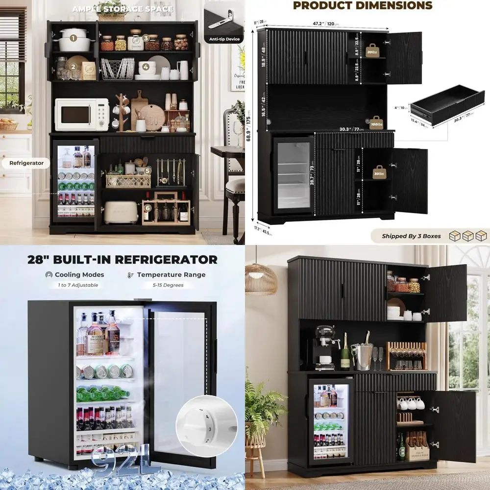 69" Kitchen Pantry with Fridge (Fridge Included), Fluted Coffee Bar Cabinet with Storage Hutch, Tall Wine Bar Cabinets with Draw
69" Kitchen Pantry with Fridge (Fridge Included), Fluted Coffee Bar Cabinet with Storage Hutch, Tall Wine Bar Cabinets with Draw