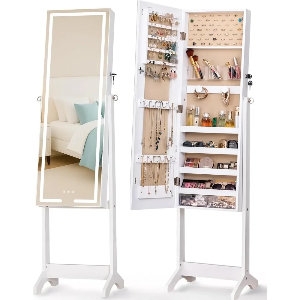 LED Mirror Jewelry Cabinet Standing Jewelry Armoire, 60" Full Length Mirror with Jewelry Storage, 3 Color Modes, 3 Adju
LED Mirror Jewelry Cabinet Standing Jewelry Armoire, 60" Full Length Mirror with Jewelry Storage, 3 Color Modes, 3 Adju