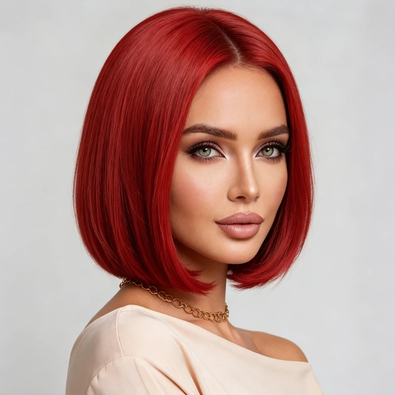 12-inch red center-parted synthetic bob wig, with smooth and straight hair, suitable for everyday wear and special occasions.
12-inch red center-parted synthetic bob wig, with smooth and straight hair, suitable for everyday wear and special occasions.