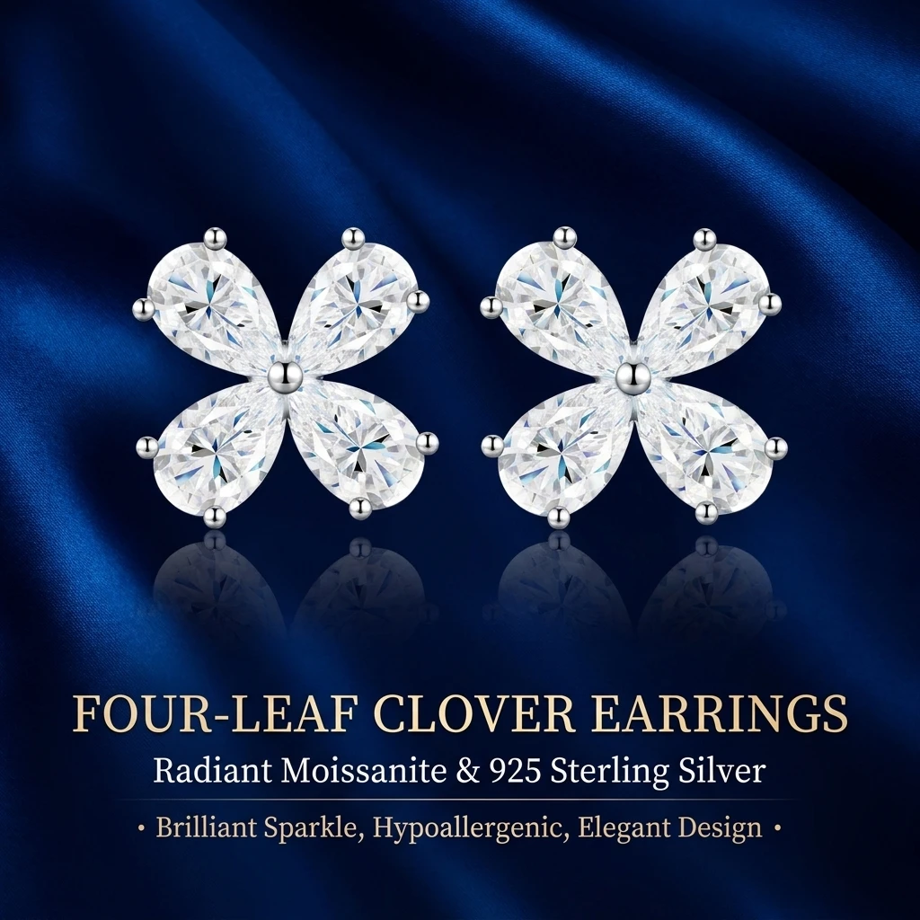 S925 Sterling Silver Four-Leaf Clover Moissanite Stud Earrings, Pear Cut D Color VVS1 Lab Created Gemstone, Hypoallergenic Nicke
S925 Sterling Silver Four-Leaf Clover Moissanite Stud Earrings, Pear Cut D Color VVS1 Lab Created Gemstone, Hypoallergenic Nicke
