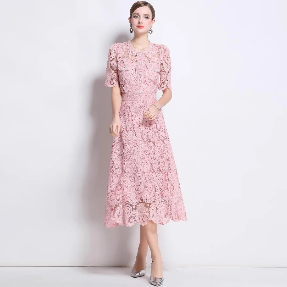 French Lace 2 Pieces Set Women's Luxury Single Breasted Top + Midi Skirt Chic Hollow Out Summer Beach Holiday Party Suit
French Lace 2 Pieces Set Women's Luxury Single Breasted Top + Midi Skirt Chic Hollow Out Summer Beach Holiday Party Suit
