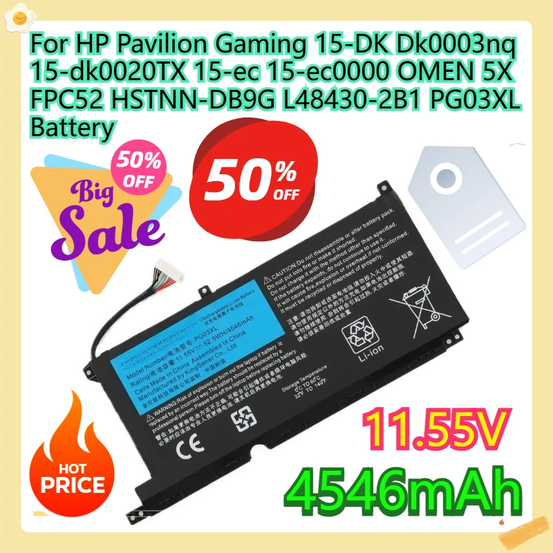 For HP Pavilion Gaming 15-DK Dk0003nq 15-dk0020TX 15-ec 15-ec0000 OMEN 5X FPC52 HSTNN-DB9G L48430-2B1 PG03XL Battery
For HP Pavilion Gaming 15-DK Dk0003nq 15-dk0020TX 15-ec 15-ec0000 OMEN 5X FPC52 HSTNN-DB9G L48430-2B1 PG03XL Battery