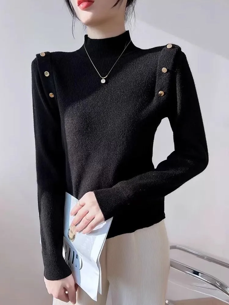 Women Sweater Korean Fashion Button Turtleneck Knit Pullover Autumn Spring Solid Slim Casual Fit Warm Female Top Clothing
Women Sweater Korean Fashion Button Turtleneck Knit Pullover Autumn Spring Solid Slim Casual Fit Warm Female Top Clothing