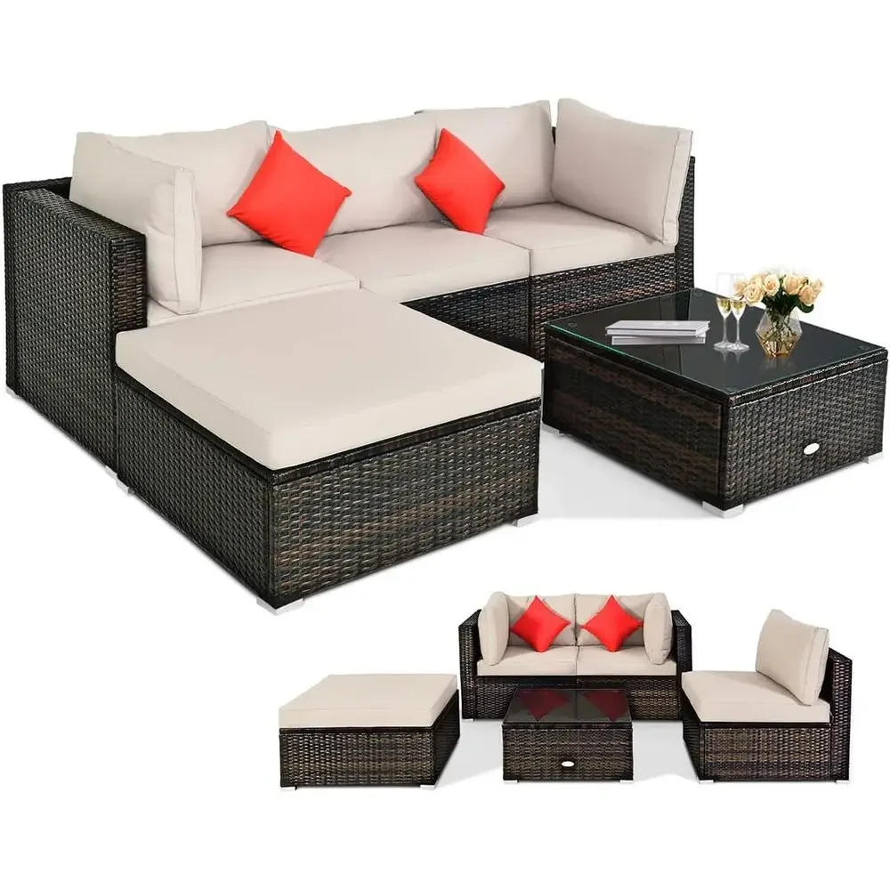 5-Piece Outdoor Wicker Sectional Sofa Set with Tempered Glass Table, Cushions, Ideal for Patio, Porch, or Balcony, Beige
5-Piece Outdoor Wicker Sectional Sofa Set with Tempered Glass Table, Cushions, Ideal for Patio, Porch, or Balcony, Beige