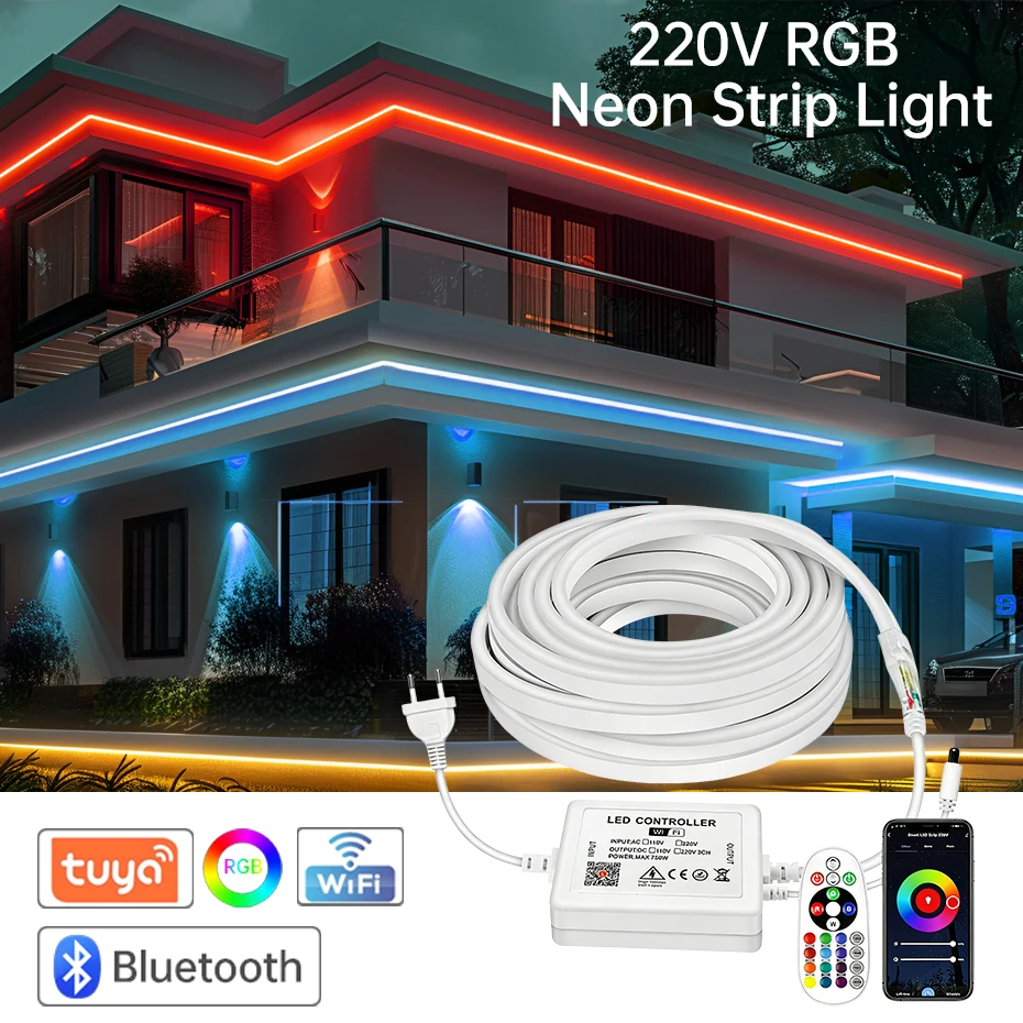 Светодиодная неоновая лента RGB 1-100 м, 220 В, SMD5050, для улицы, IP67, водонепроницаемая, гибкая, с ИК-пультом/Bluetooth/Tuya Smart WiFi
Светодиодная неоновая лента RGB 1-100 м, 220 В, SMD5050, для улицы, IP67, водонепроницаемая, гибкая, с ИК-пультом/Bluetooth/Tuya Smart WiFi