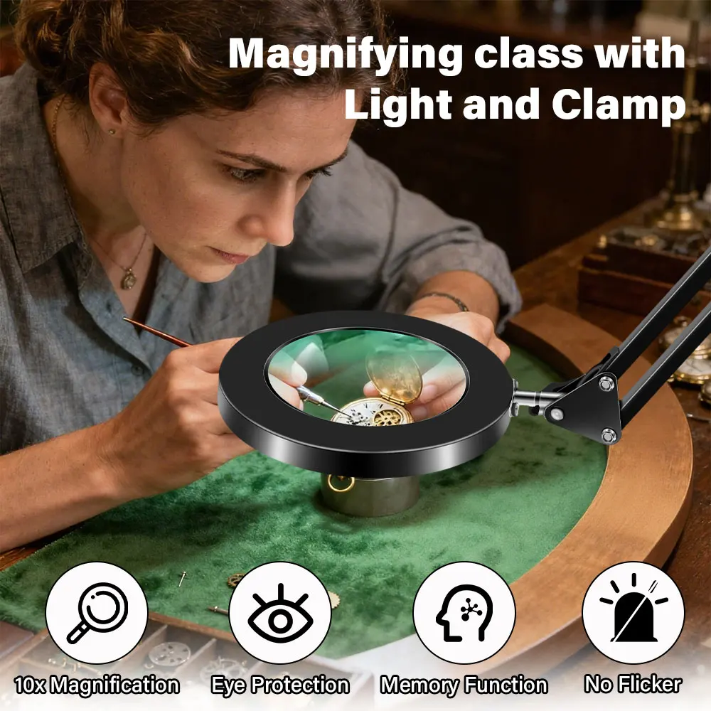 Magnifying Glass with Light 3 Color Mode Stepless Dimmable Clamp Magnifier Adjustable Swing Arm LED Desk Lamp for Close Work
Magnifying Glass with Light 3 Color Mode Stepless Dimmable Clamp Magnifier Adjustable Swing Arm LED Desk Lamp for Close Work