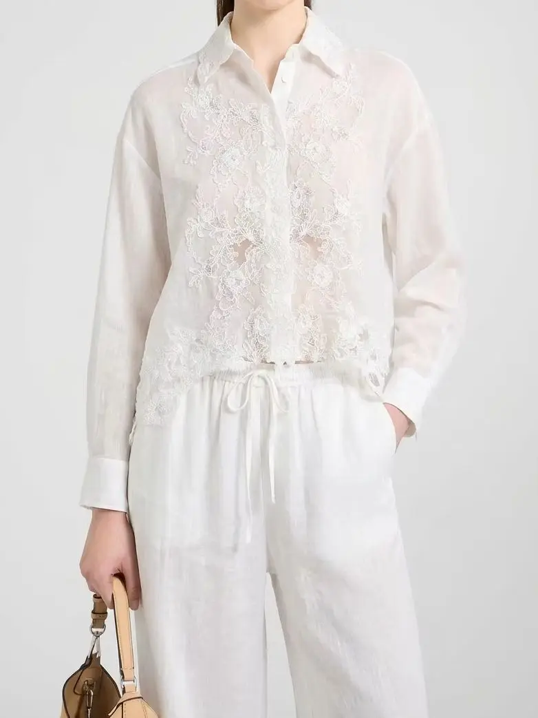 Women Ramie White Pants Suit Lace Embroidery Patchwork Turn-down Collar Long Sleeve Shirt + Elastic Waist Wide Leg Trousers Set
Women Ramie White Pants Suit Lace Embroidery Patchwork Turn-down Collar Long Sleeve Shirt + Elastic Waist Wide Leg Trousers Set