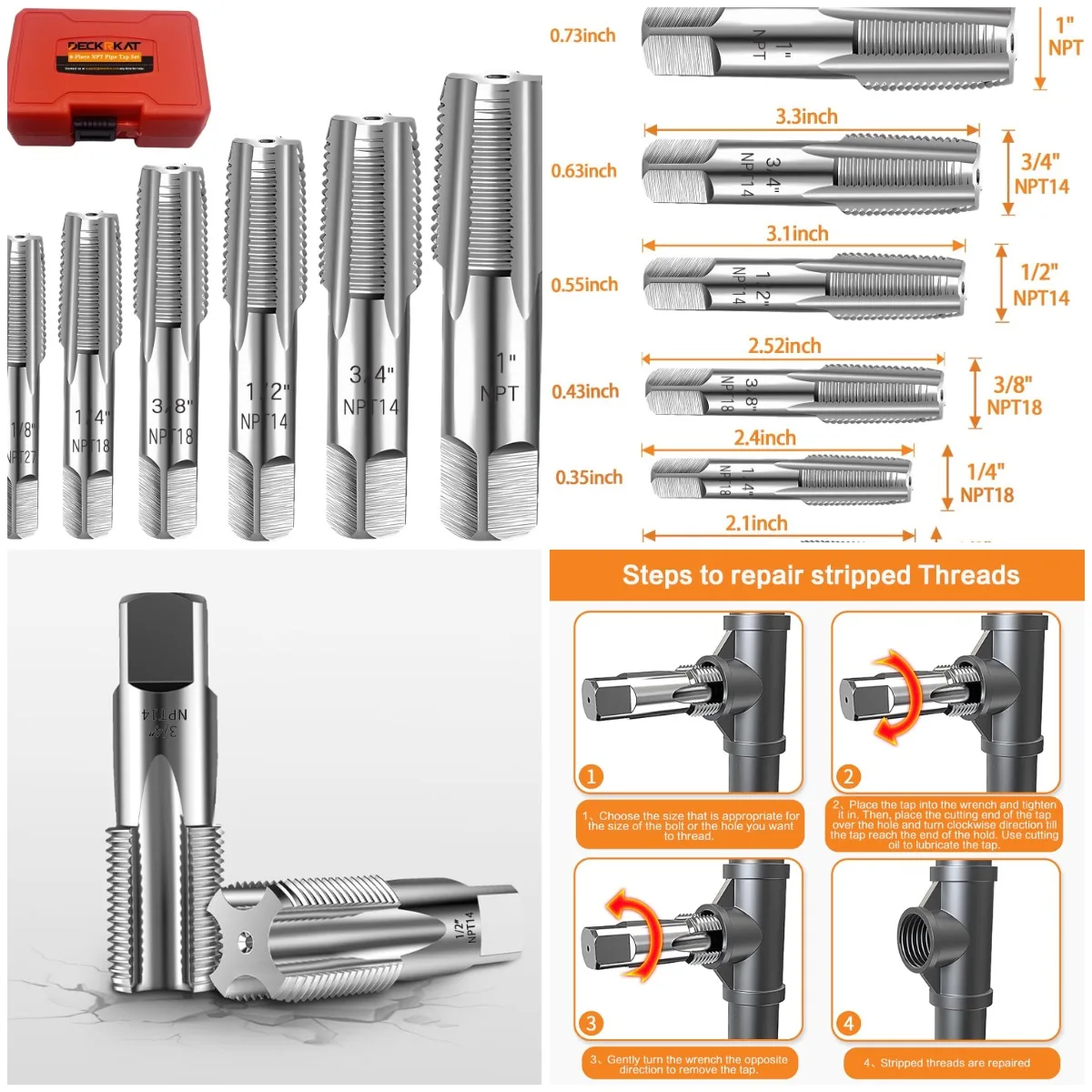 Набор из 6 метчиков для труб NPT, углеродистая сталь от 1/8 до 1 фута, прецизионные резьбы, прочный корпус
Набор из 6 метчиков для труб NPT, углеродистая сталь от 1/8 до 1 фута, прецизионные резьбы, прочный корпус
