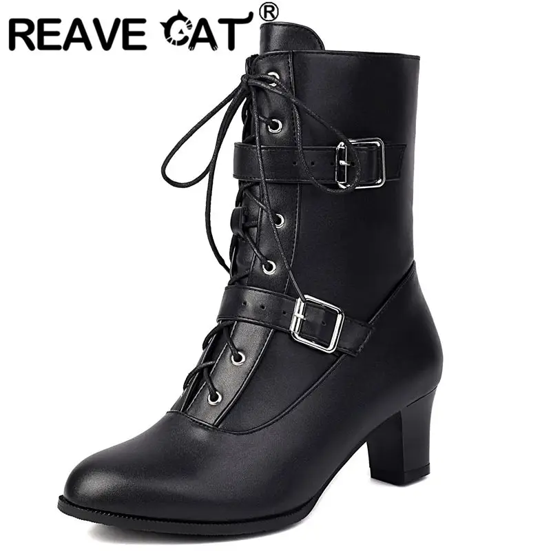 REAVE CAT Design Female Boots Round Toe Block Heels 5cm Zipper Lace Up Belt Buckle Big Size 46 47 48 Casual Daily Mid Calf Bota
REAVE CAT Design Female Boots Round Toe Block Heels 5cm Zipper Lace Up Belt Buckle Big Size 46 47 48 Casual Daily Mid Calf Bota