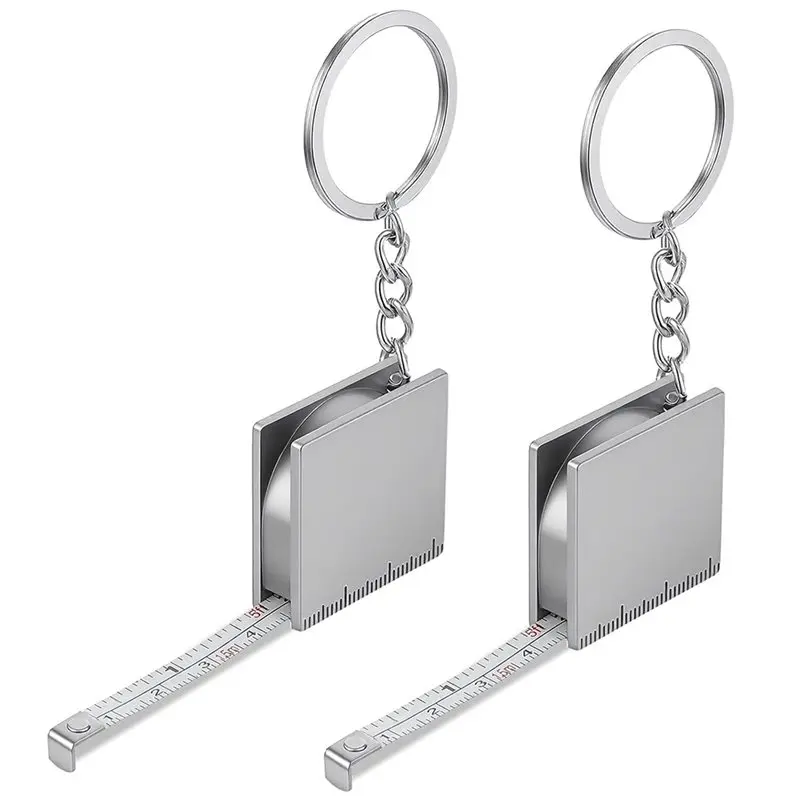 AS60-Easy Reading Mini Chain Tape Measure Keychain 2 PCS Retractable Metal, Silver Metric Scale