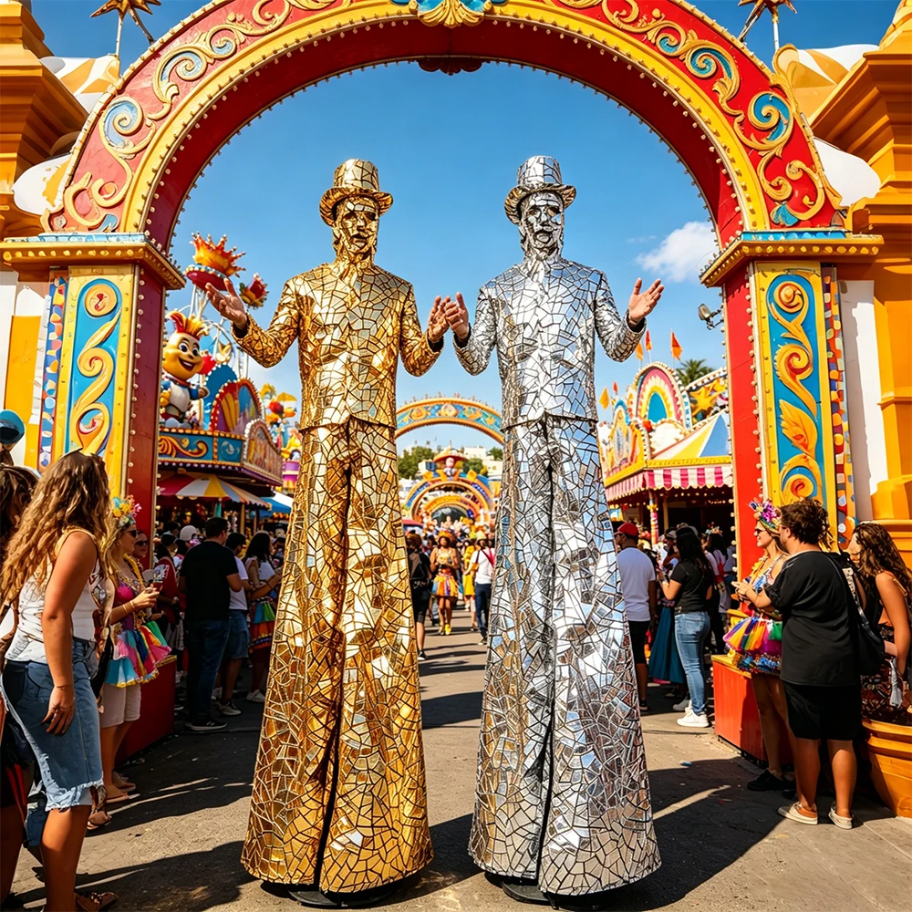 Adults Coated Mirror Stilt Dancer Costume Gold & Silver Reflective Suit Stage Outfit for Carnival Rave Bar Show Parade
Adults Coated Mirror Stilt Dancer Costume Gold & Silver Reflective Suit Stage Outfit for Carnival Rave Bar Show Parade