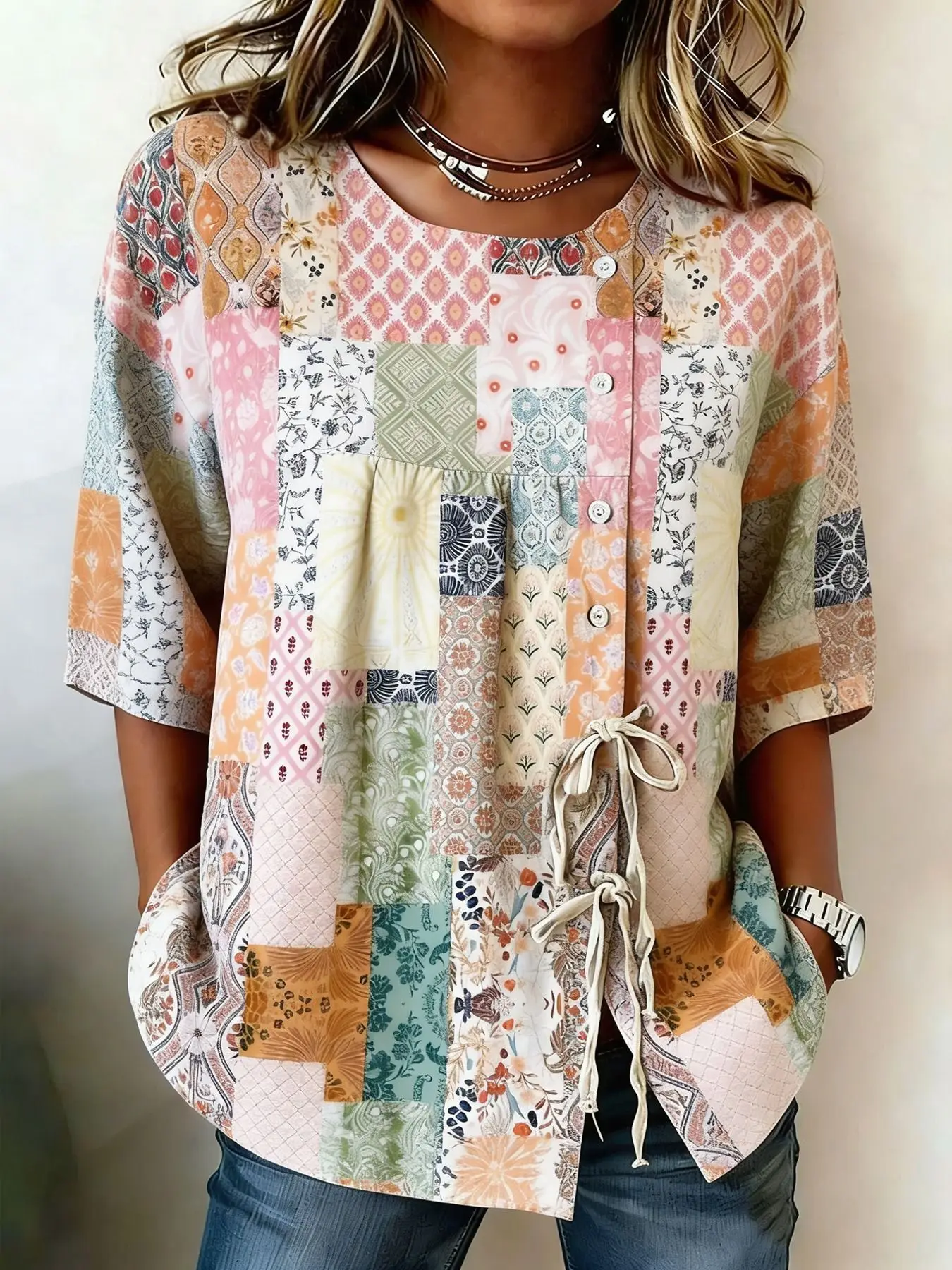 Women's Bohemian Patchwork Print Drawstring Button Up Blouse, Casual Round Neck Tops for Spring Summer Daily Vacation Wear
Women's Bohemian Patchwork Print Drawstring Button Up Blouse, Casual Round Neck Tops for Spring Summer Daily Vacation Wear
