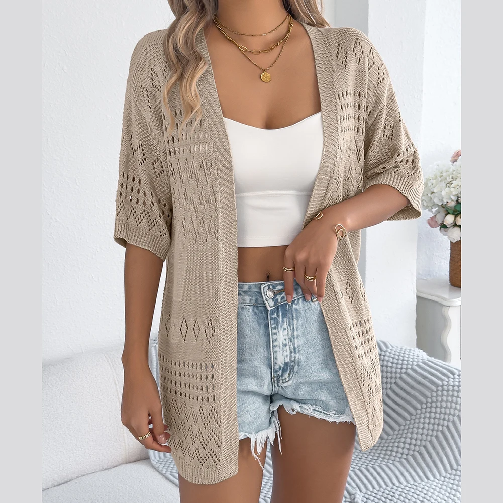 Women\\'s mid sleeve knitted cardigan sweater with casual solid color and cutout design for different events and settings
Women\\'s mid sleeve knitted cardigan sweater with casual solid color and cutout design for different events and settings