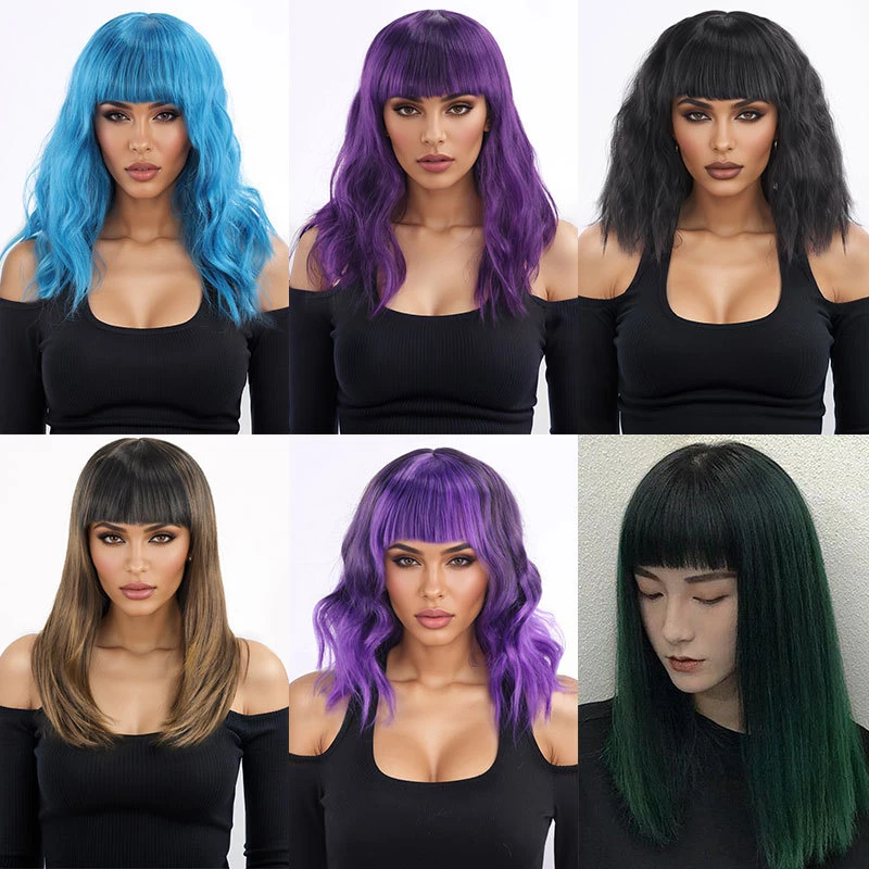 European American colorful short straight bob with bangs, fashionable and cute party-style synthetic hair full wig
European American colorful short straight bob with bangs, fashionable and cute party-style synthetic hair full wig