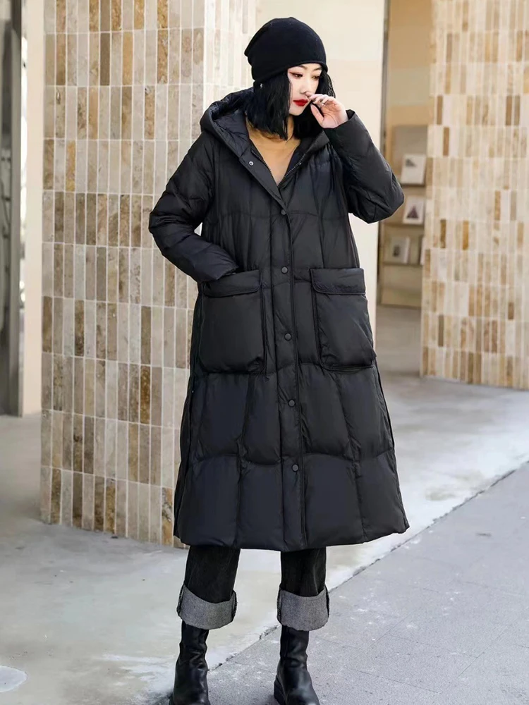 Winter Warm Long Hooded Down Jacket Female Zipper Big Pocket Knee Length Down Jacket Women White Duck Down Warm Parker Outwears
Winter Warm Long Hooded Down Jacket Female Zipper Big Pocket Knee Length Down Jacket Women White Duck Down Warm Parker Outwears