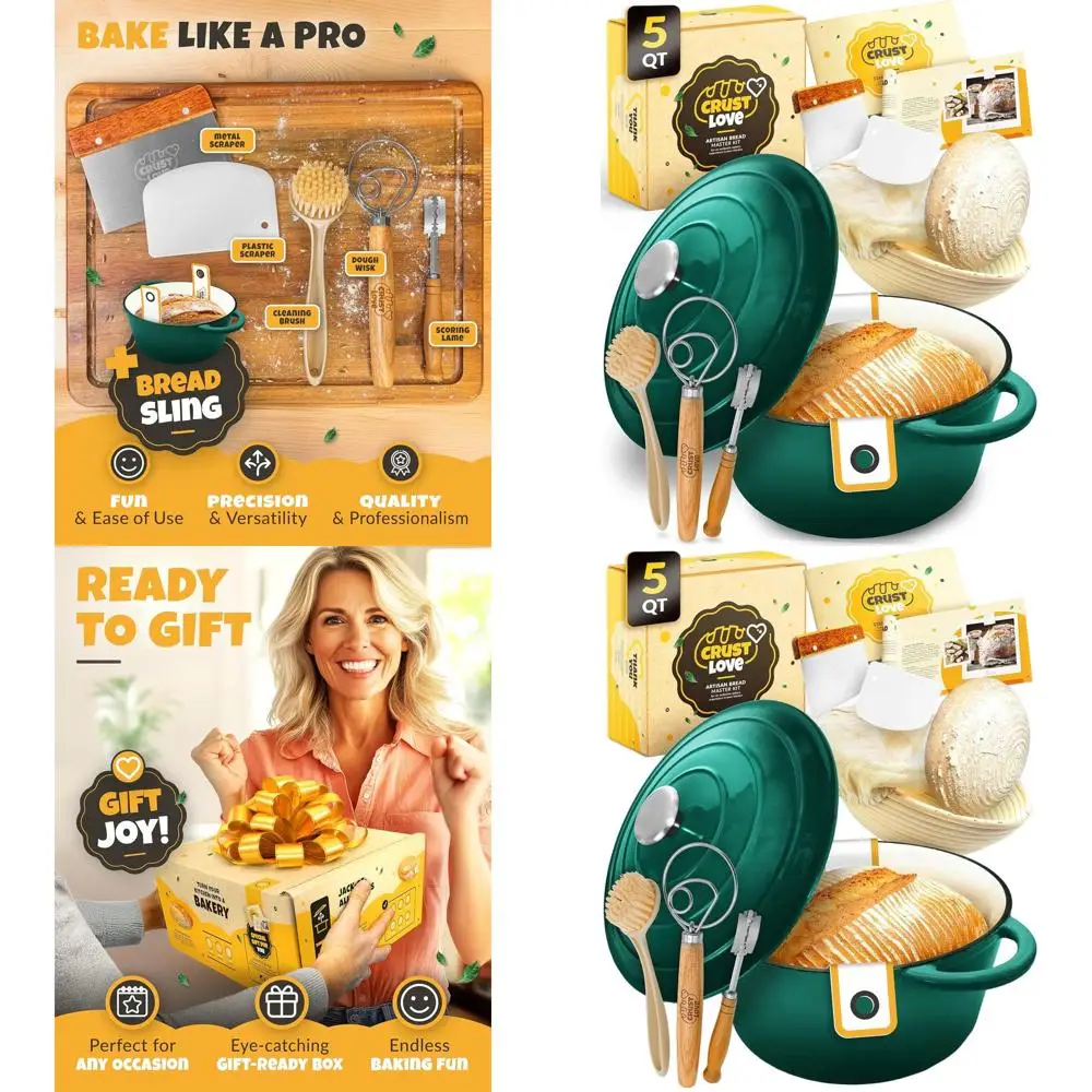 Enameled Cast Iron Dutch Oven with Lid, 5-Quart, Banneton, Lame for Sourdough Bread Baking
Enameled Cast Iron Dutch Oven with Lid, 5-Quart, Banneton, Lame for Sourdough Bread Baking