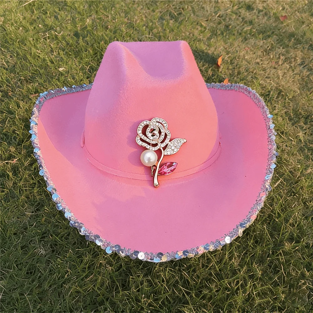 Women's Pink Western Cowboy Hat with Crystal Flower Brooch & Sequin Border – Glitter Cowgirl Hat for Costume & Country Parties
Women's Pink Western Cowboy Hat with Crystal Flower Brooch & Sequin Border – Glitter Cowgirl Hat for Costume & Country Parties