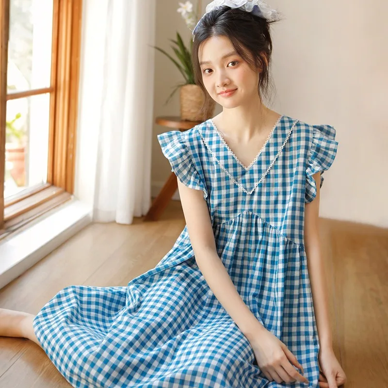 Women's Summer Pajamas Plaid Print 100% Cotton S-XXL Size Cute Flutter Sleeves Sweet Nightgown Casual Loungewear
Women's Summer Pajamas Plaid Print 100% Cotton S-XXL Size Cute Flutter Sleeves Sweet Nightgown Casual Loungewear