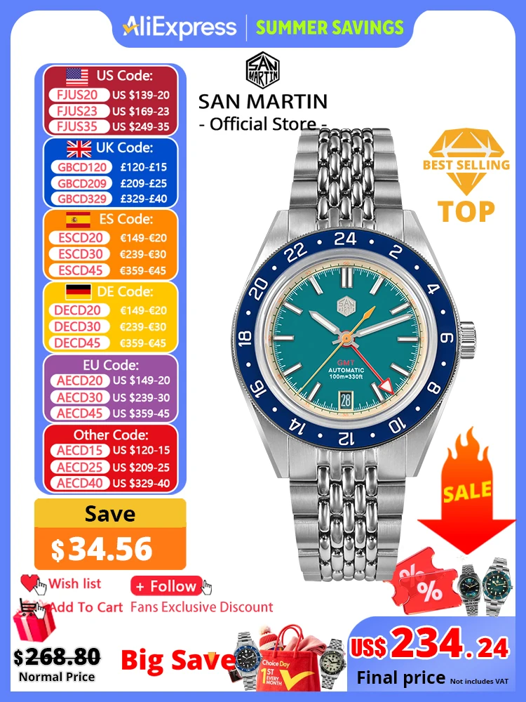 San Martin Original Design Fashion GMT 39.5mm Men Sports Watch Japan NH34 Automatic Mechanical Waterproof 100m SN0116 Reloj
San Martin Original Design Fashion GMT 39.5mm Men Sports Watch Japan NH34 Automatic Mechanical Waterproof 100m SN0116 Reloj