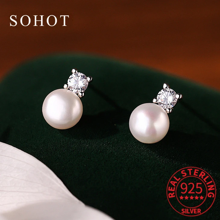 Real 925 Sterling Silver Zircon Bead Freshwater Pearl Stud Earrings for Women Trendy Fine Jewelry Minimalist Accessories 
Real 925 Sterling Silver Zircon Bead Freshwater Pearl Stud Earrings for Women Trendy Fine Jewelry Minimalist Accessories