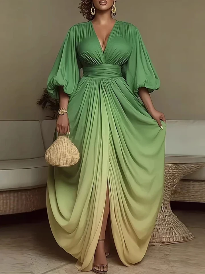 New High Waist Split Maxi Dress Trendy Gradient Printed Pleated Evening Dress Elegant V-neck Lantern Long Sleeve Irregular Dress
New High Waist Split Maxi Dress Trendy Gradient Printed Pleated Evening Dress Elegant V-neck Lantern Long Sleeve Irregular Dress