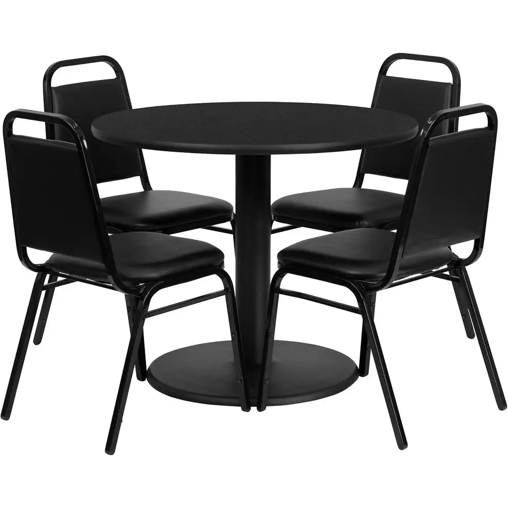36 Round Black Laminate Table with X-Base and 4 Trapezoidal Back Banquet Chairs
36 Round Black Laminate Table with X-Base and 4 Trapezoidal Back Banquet Chairs