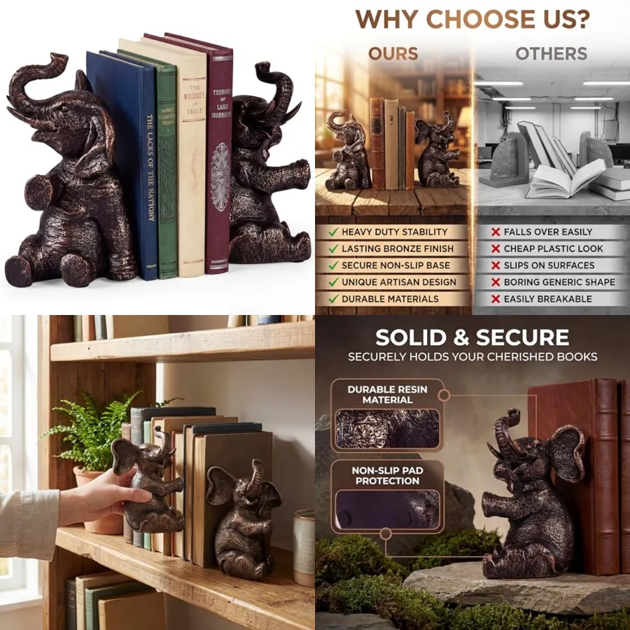 Elephant Bookends with Non-Slip Padding - Heavy Duty Book Ends for Shelves - Gold Decorative Bookend Unique - Vintage Animal Ho
Elephant Bookends with Non-Slip Padding - Heavy Duty Book Ends for Shelves - Gold Decorative Bookend Unique - Vintage Animal Ho