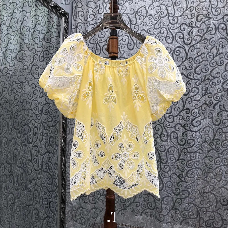 French Style Embroidered Lace Hollow out Bubble Sleeve One Shoulder Top Women's Summer New Arrival Breathable Loose Fit Shirt
French Style Embroidered Lace Hollow out Bubble Sleeve One Shoulder Top Women's Summer New Arrival Breathable Loose Fit Shirt