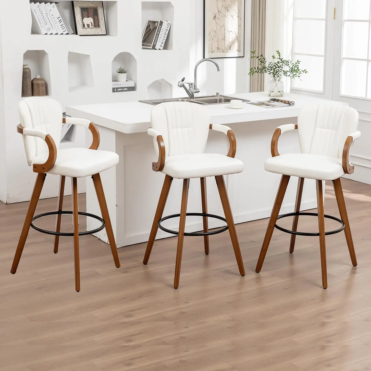 26" Swivel Counter Height Bar Stools with Back, White Faux Leather Kitchen Island Bar Chairs with Arms,Spliced Pleated Wingback
26" Swivel Counter Height Bar Stools with Back, White Faux Leather Kitchen Island Bar Chairs with Arms,Spliced Pleated Wingback