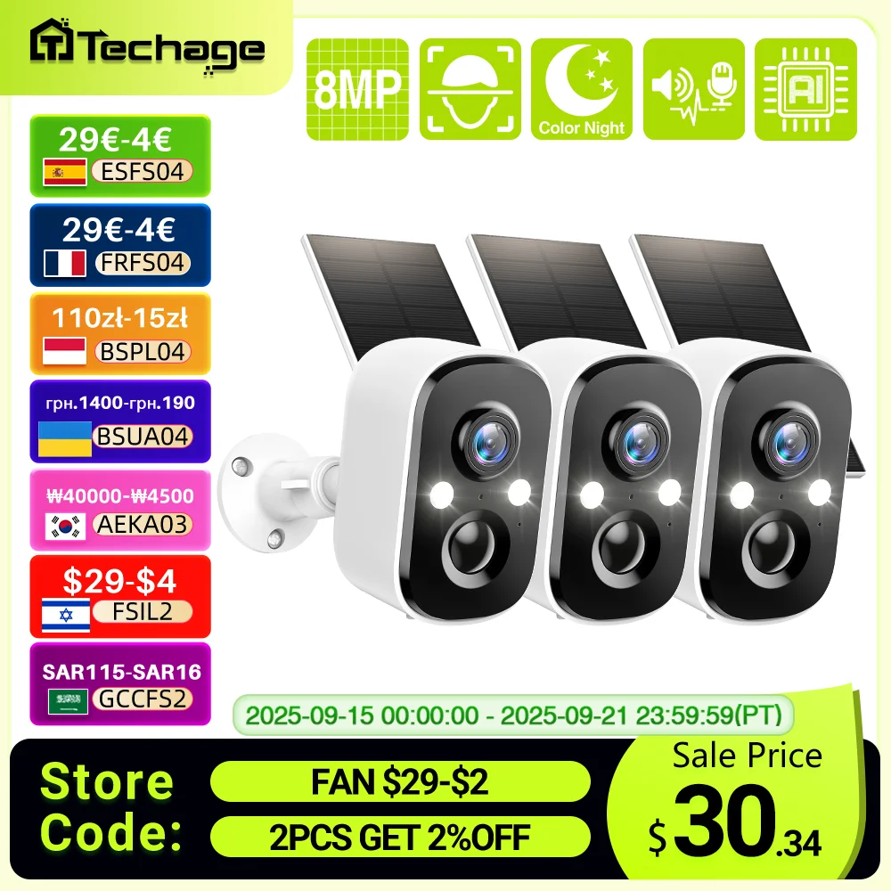 Techage 3MP Wireless Solar Battery IP Camera Outdoor Security WiFi PIR Camera Two Way Audio Human Detection Support Alex 
Techage 3MP Wireless Solar Battery IP Camera Outdoor Security WiFi PIR Camera Two Way Audio Human Detection Support Alex