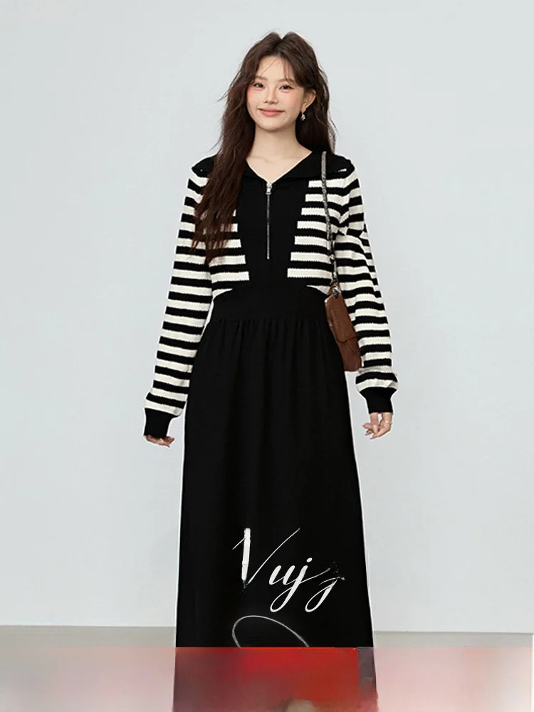 Winter New plus Size Striped Knitted Dress Women's Color Block Design Long Dress Commute Style Half Unbuttoned Standard Fit
Winter New plus Size Striped Knitted Dress Women's Color Block Design Long Dress Commute Style Half Unbuttoned Standard Fit