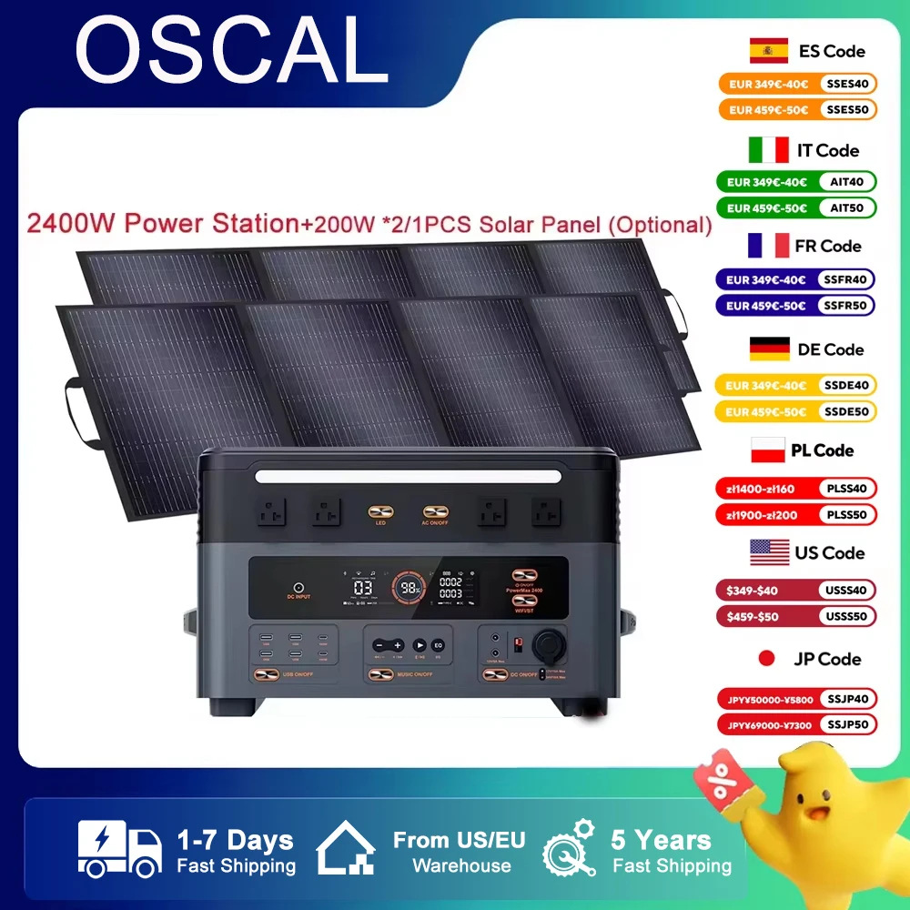 OSCAL 2400W Power Station 1872Wh Lifepo4 Battery Solar Charging 800W(Max) UPS Energy Storage Supply With 1/2 200W Solar panel
OSCAL 2400W Power Station 1872Wh Lifepo4 Battery Solar Charging 800W(Max) UPS Energy Storage Supply With 1/2 200W Solar panel