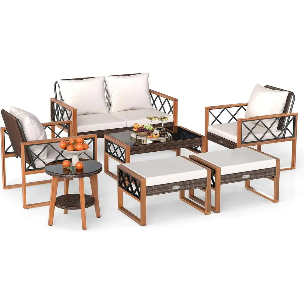 7 Pieces Patio urniture Contion Set, Wicker Acacia Wood Outdoor Cushioned Chairs Set with Ottomans, and 2 Tables, or Garden, Dec
7 Pieces Patio urniture Contion Set, Wicker Acacia Wood Outdoor Cushioned Chairs Set with Ottomans, and 2 Tables, or Garden, Dec